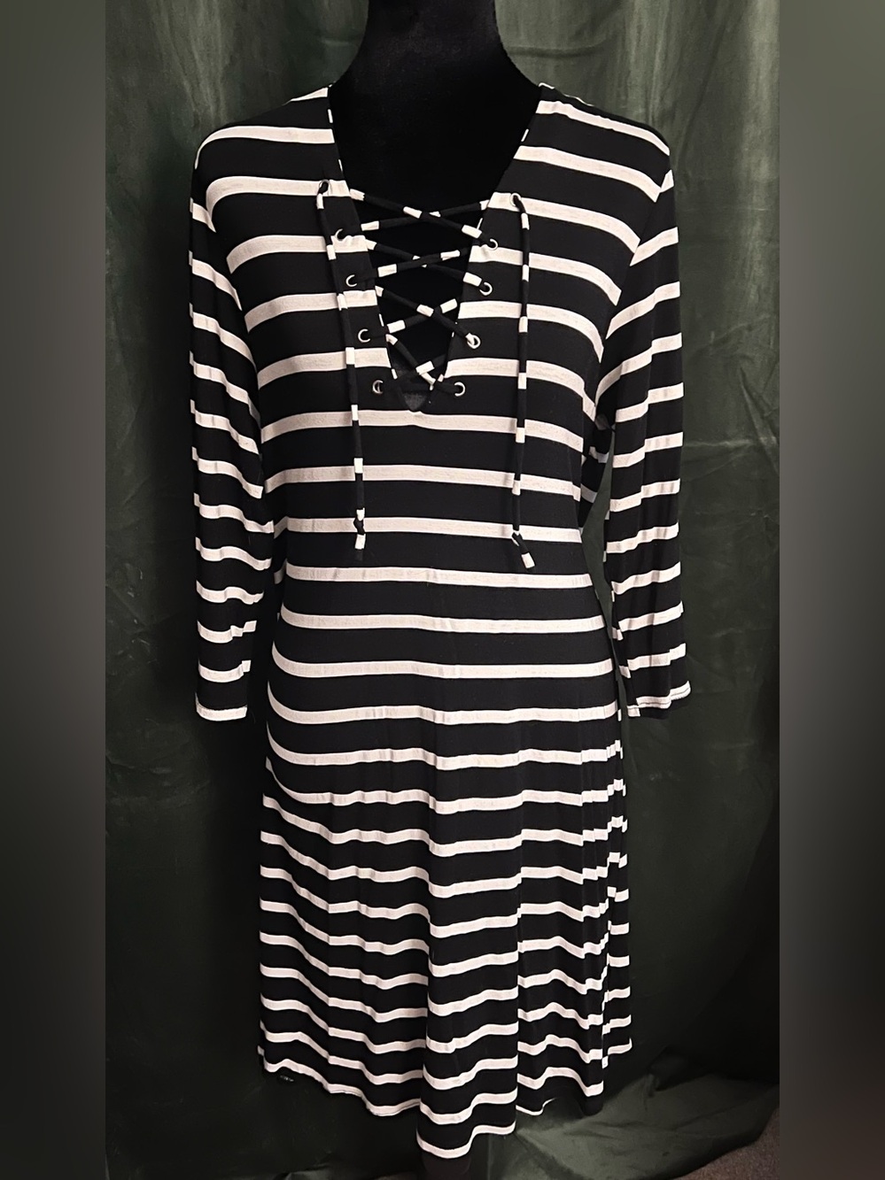 Christian Siriano Black & White Striped Lace-Up Long Sleeve Dress